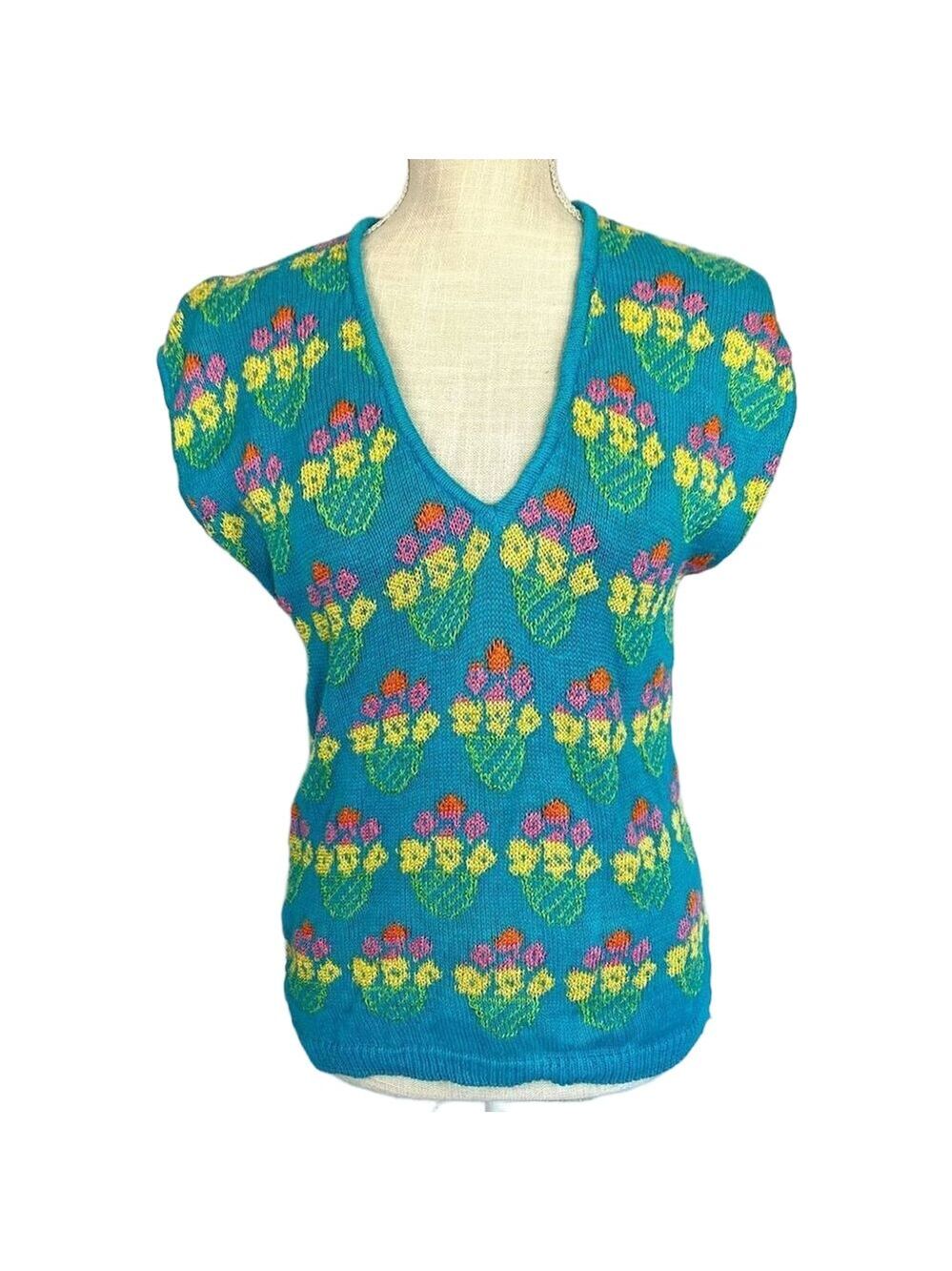 Vintage 80s Collage Women’s Blue Knit Sweater Vest Sz M Fun Floral Pattern Cap S